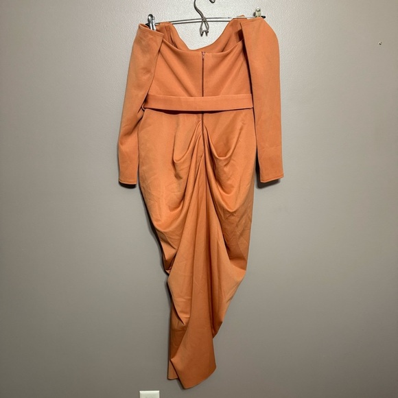 ASOS Design Elegant Tan Orange Long Sleeve Bardot Neckline Drape Mid Dress - Picture 8 of 11